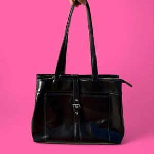 black faux leather with silver buckle hardware laptop work/office shoulder bag!